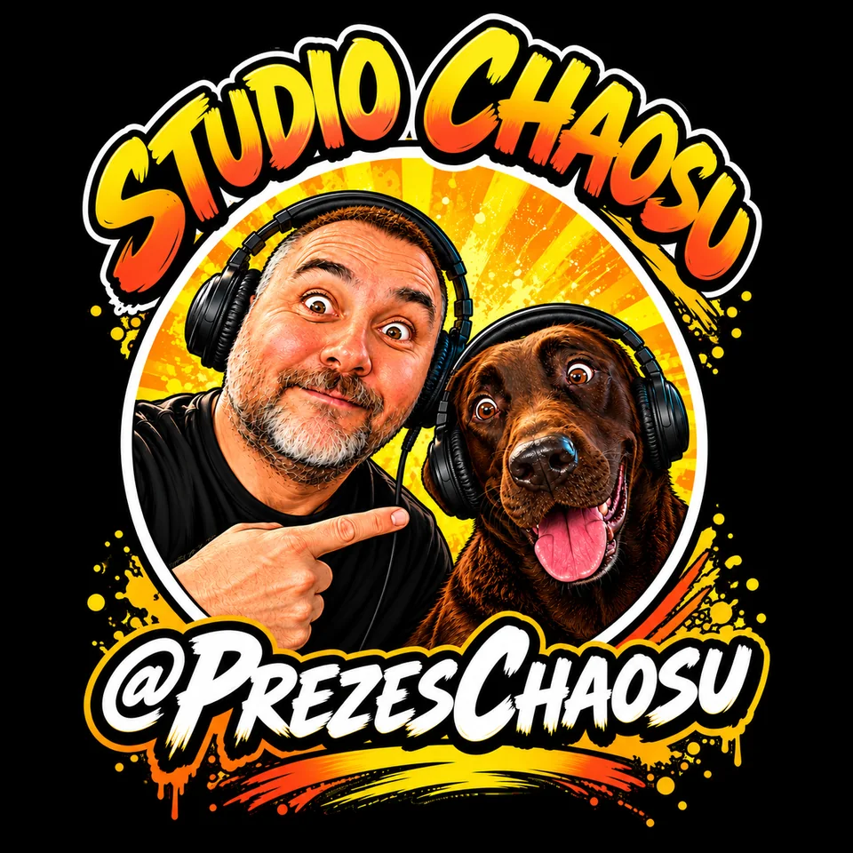 Oryginalne logo Studio Chaosu: mężczyzna i pies w słuchawkach, podpis @PrezesChaosu